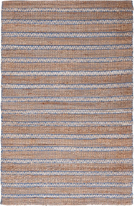 SAFAVIEH Natural Fiber Collection Area Rug - 9' x 12', Blue & Natural, Handmade Flat Weave Stripe Jute & Cotton Jute, Ideal for High Traffic Areas in Living Room, Bedroom (NFB655M)