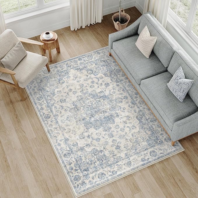 5x7 Washable Neutral Area Rug Blue Floral Living Room Bedroom Carpet Non-Slip Low Pile Vintage Lightweight Vacuumable Soft Throw Rug for Dining Room Entryway Office Kitchen