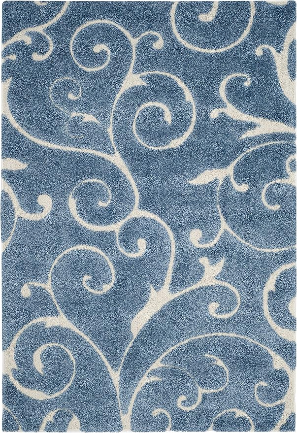 SAFAVIEH Florida Shag Collection Area Rug - 9'6" x 13', Light Blue & Cream, Scroll Design, Non-Shedding & Easy Care, 1.2-inch Thick Ideal for High Traffic Areas in Living Room, Bedroom (SG455-6011)