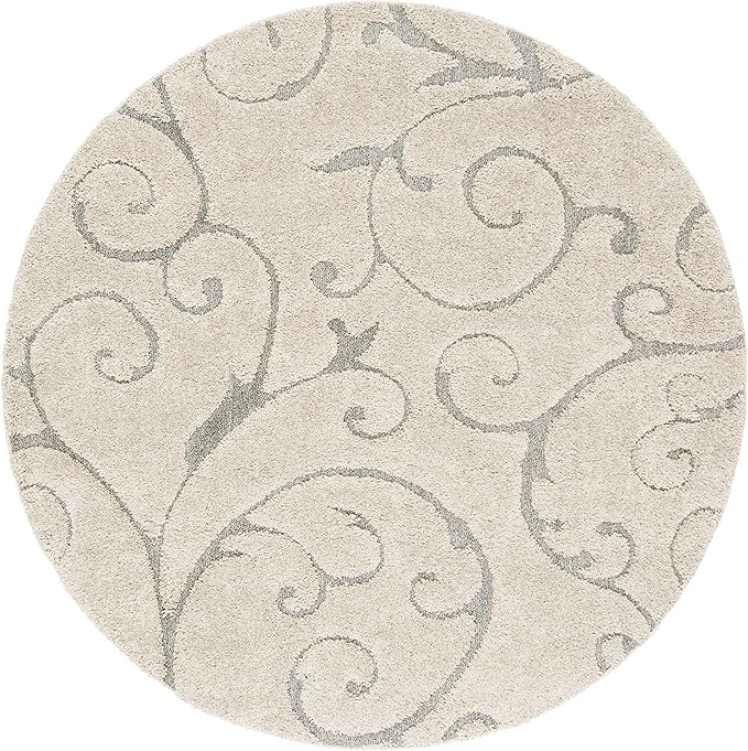 SAFAVIEH Florida Shag Collection Area Rug - 6'7" Round, Beige & Blue Grey, Scroll Design, Non-Shedding & Easy Care, 1.2-inch Thick Ideal for High Traffic Areas in Living Room, Bedroom (SG455-1155)