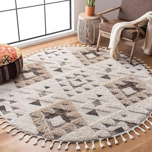 Safavieh Moroccan Tassel Shag Collection Area Rug - 12' Round, Ivory/Brown, Geometric Design, Plush 1.5 Inch Thick Ideal for High Traffic Areas in Living Room, Bedroom, Dining (MTS688A)