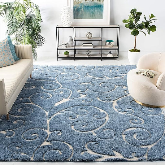 SAFAVIEH Area Rug 8x10 - Florida Shag Collection - Large - Light Blue & Cream, Scroll Design, Non-Shedding & Easy Cleaning, Plush Thick Pile, Ideal for Living Room, Bedroom, Dining Space (SG455-6011)