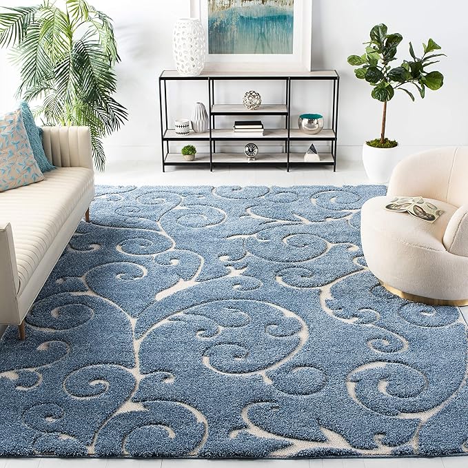 SAFAVIEH Florida Shag Collection X-Large Area Rug - 11' x 15', Light Blue & Cream, Scroll, Non-Shedding & Easy Care, 1.2-inch Thick Ideal for High Traffic Areas in Living Room, Bedroom (SG455-6011)