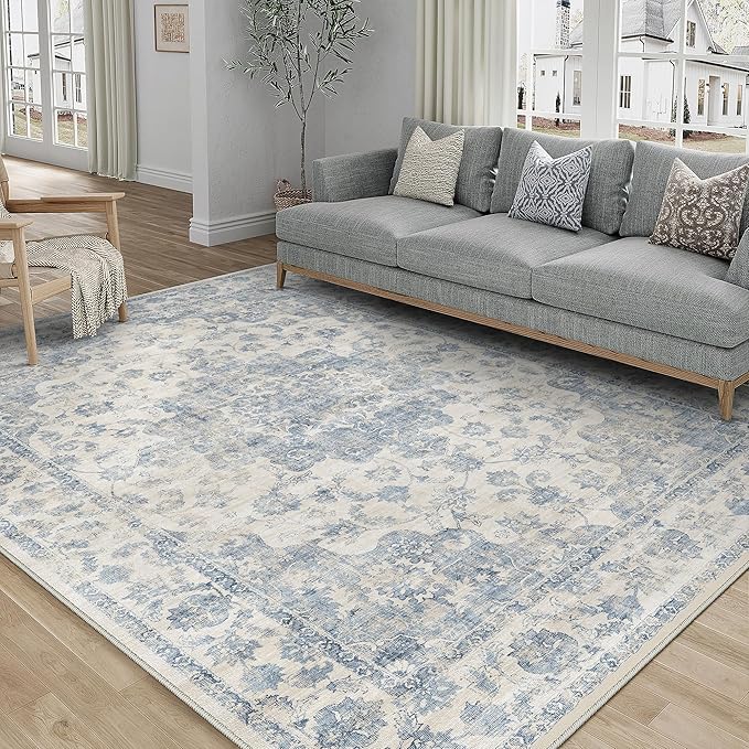 5x7 Washable Neutral Area Rug Blue Floral Living Room Bedroom Carpet Non-Slip Low Pile Vintage Lightweight Vacuumable Soft Throw Rug for Dining Room Entryway Office Kitchen