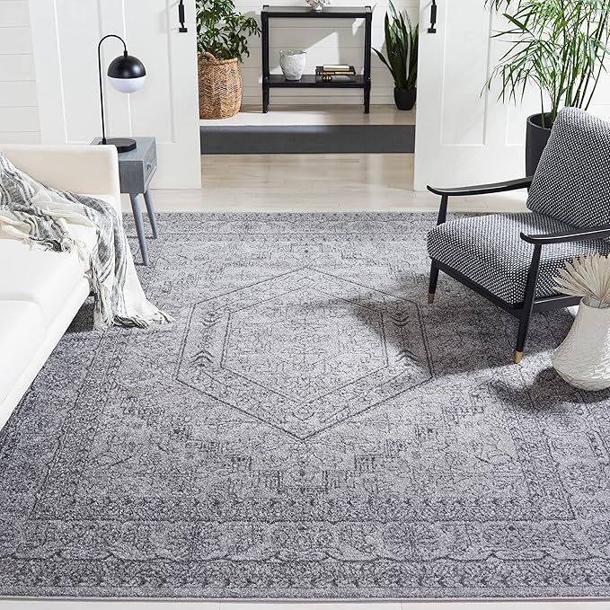 SAFAVIEH Adirondack Collection Area Rug - 8' Square, Light Grey & Dark Grey, Oriental Medallion Design, Non-Shedding & Easy Care, Ideal for High Traffic Areas in Living Room, Bedroom (ADR108C)