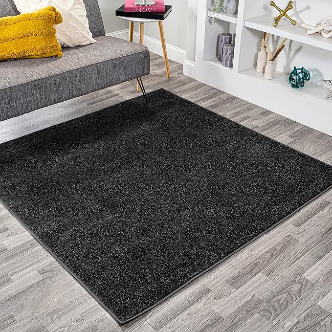 Eyely UES100I-7SQ Supersoft Haze Solid Low-Pile Indoor Area Rug, Coastal, Bohemian, Minimalist, Classic, Casual for Bedroom,Kitchen,Living Room,Non Shedding,Easy-Washing, Black, 7' Square