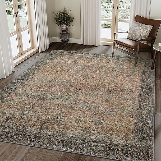 2X5 Area Rugs Machine Washable Rugs for Living Room, Vintage Boho Large Rugs for Bedroom Dining Room, Non Slip Indoor Soft Distressed Lightweight Thin Low Pile Carpet, Vintage Sunset