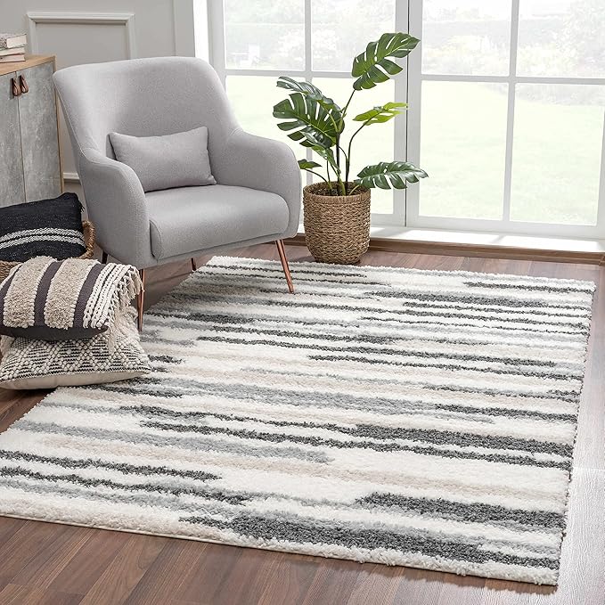 Hauteloom Lux Shag - Moroccan Farmhouse Living Room Shaggy Area Rug - Bohemian Shag Rug - Plush High Pile - Southwestern Boho Soft Carpet - Tribal Aztec - Grey, Off White, Beige - 5'3" x 7'3"
