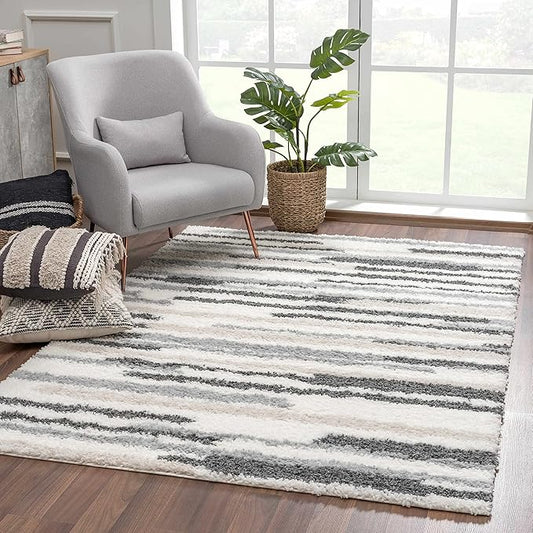 Hauteloom Lux Shag - Moroccan Farmhouse Living Room Shaggy Area Rug - Bohemian Shag Rug - Plush High Pile - Southwestern Boho Soft Carpet - Tribal Aztec - Grey, Off White, Beige - 5'3" x 7'3"