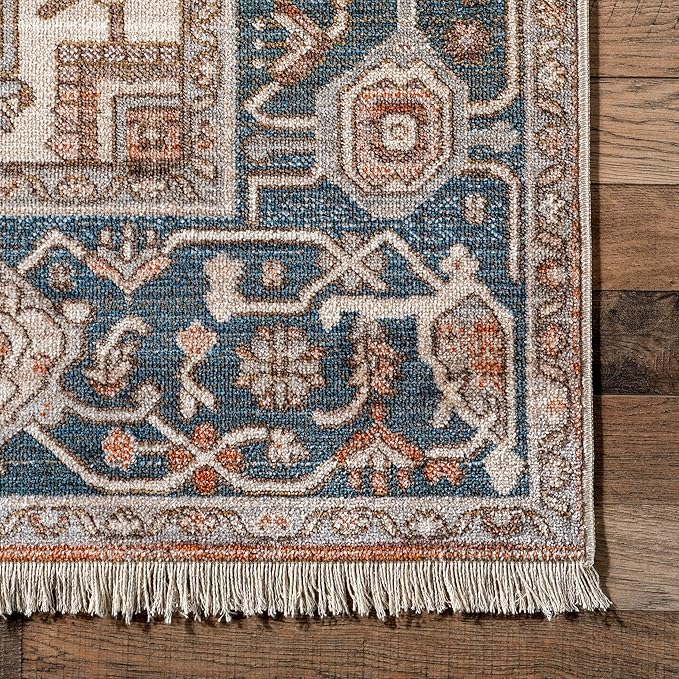 nuLOOM Harriet Vintage Medallion Fringe Area Rug - 2x10 Runner Rug Traditional Blue/Multicolor Rugs for Living Room Bedroom Dining Room Entryway Hallway Kitchen