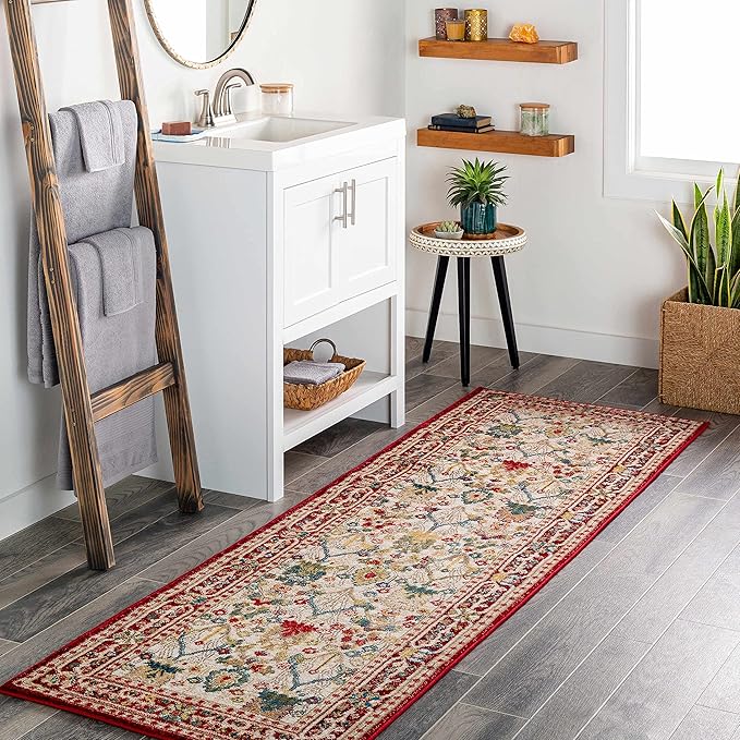 Hauteloom Goff Boho Floral Living Room Bedroom Multicolor Area Rug - Floral - Bohemian Vintage Look - Oriental Turkish Pattern - White, Beige, Yellow, Red - 5'1" x 7'5"