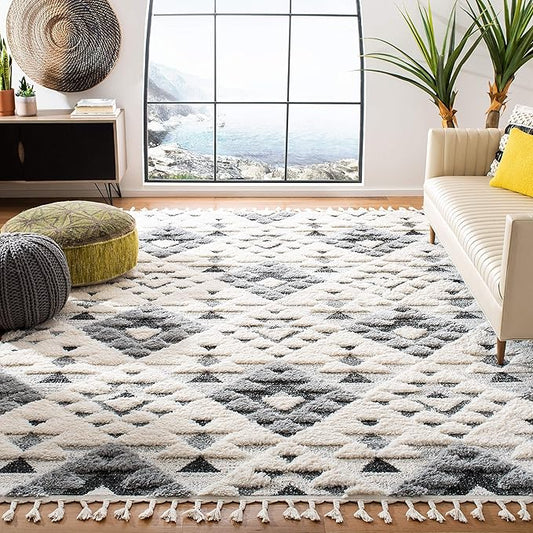 SAFAVIEH Area Rug 8x10 - Moroccan Tassel Shag Collection - Large - Ivory & Grey, Boho Design, Non-Shedding & Easy Cleaning, Plush Pile, Ideal for Living Room, Bedroom, Dining Space (MTS688F)