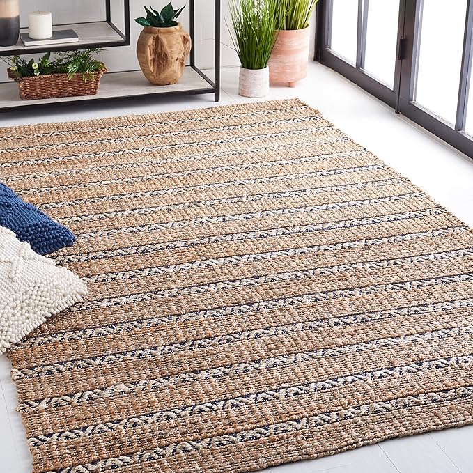 SAFAVIEH Area Rug 8x10 - Natural Fiber Collection - Large - Navy & Natural, Handmade Jute & Cotton Flat Weave, Stripe Pattern, Ideal for Living Room, Bedroom, Dining Space (NFB655N)