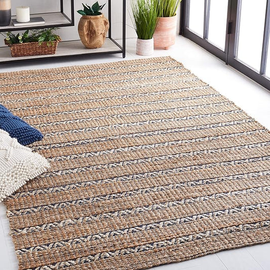 SAFAVIEH Area Rug 8x10 - Natural Fiber Collection - Large - Navy & Natural, Handmade Jute & Cotton Flat Weave, Stripe Pattern, Ideal for Living Room, Bedroom, Dining Space (NFB655N)