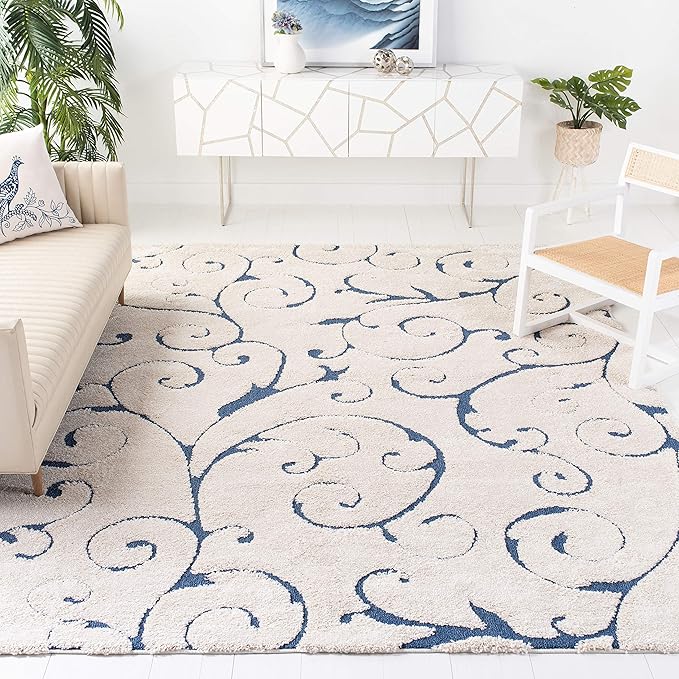 SAFAVIEH Area Rug 8x10 - Florida Shag Collection - Large - Cream & Blue, Scroll Design, Non-Shedding & Easy Cleaning, Plush Thick Pile, Ideal for Living Room, Bedroom, Dining Space (SG455-1165)