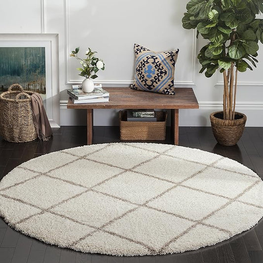 SAFAVIEH Hudson Shag Collection 9' Round Ivory/Beige SGH281D Modern Diamond Trellis Non-Shedding Living Room Bedroom Dining Room Entryway Plush 2-inch Thick Area Rug