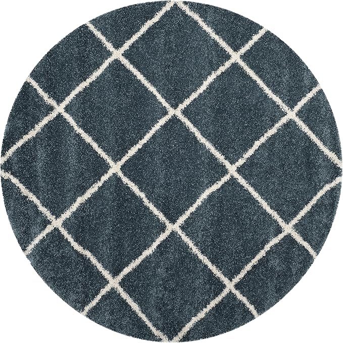 SAFAVIEH Hudson Shag Collection 7' Round Slate Blue/Ivory SGH281L Modern Diamond Trellis Non-Shedding Living Room Bedroom Dining Room Entryway Plush 2-inch Thick Area Rug