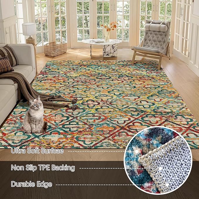 RUGSURE Washable Area Rugs, 4' x 6' - 1/6 Thick - Stain & Water Resistant Non-Slip - Perfect Resistant Rug for Living Room, Bedroom, Nursery, Pet & Child Friendly, Vibrant Colors Rugs, Multicolor