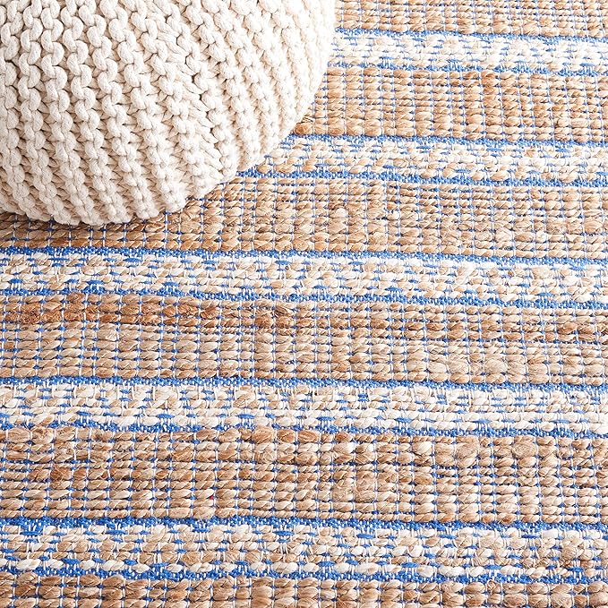 SAFAVIEH Natural Fiber Collection Area Rug - 9' x 12', Blue & Natural, Handmade Flat Weave Stripe Jute & Cotton Jute, Ideal for High Traffic Areas in Living Room, Bedroom (NFB655M)