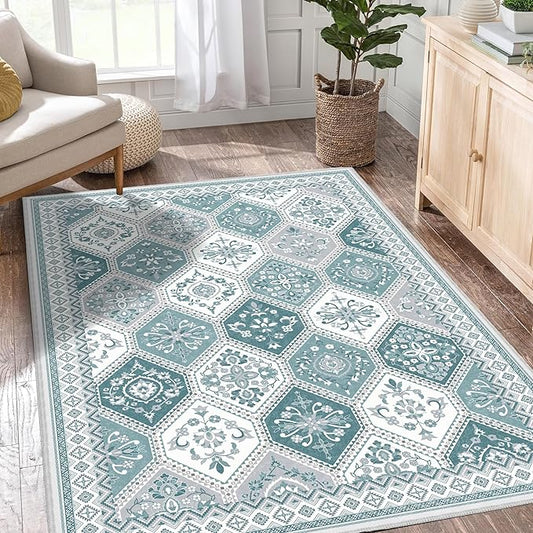 5x7 Washable Area Rug with Non-Slip Backing Low-Pile Soft Moroccan Printed Rugs for Living Room Bedroom Nursery Farmhouse Home Office- Teal