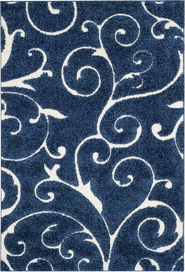 SAFAVIEH Florida Shag Collection Area Rug - 6' x 9', Dark Blue & Cream, Scroll Design, Non-Shedding & Easy Care, 1.2-inch Thick Ideal for High Traffic Areas in Living Room, Bedroom (SG455-6511)
