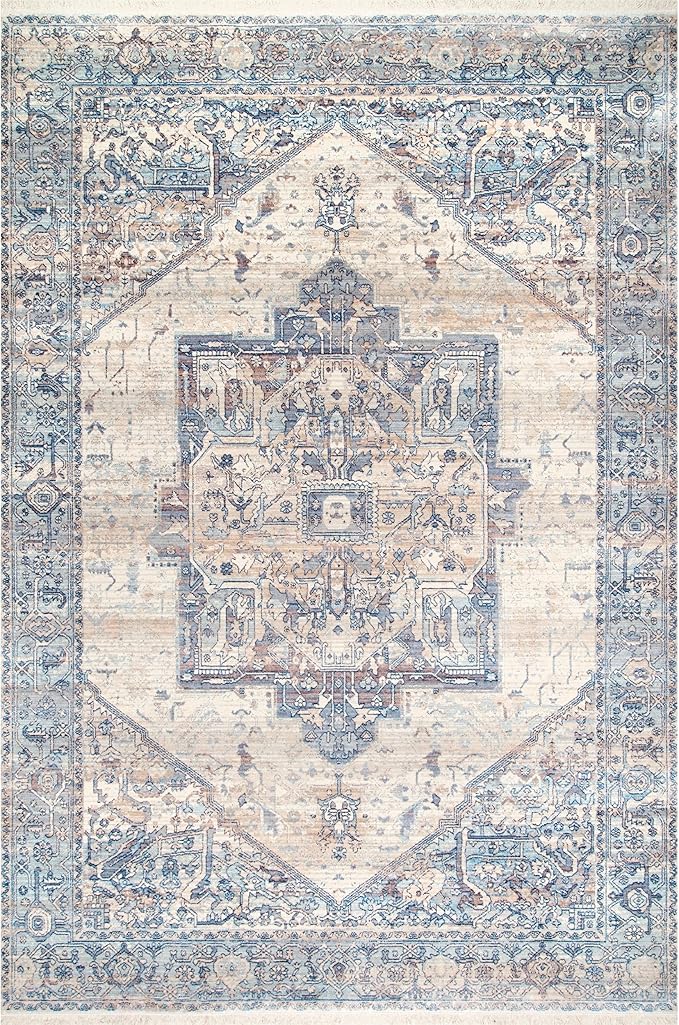 nuLOOM Harriet Vintage Medallion Fringe Area Rug - 7x9 Area Rug Traditional Light Blue/Multicolor Rugs for Living Room Bedroom Dining Room Kitchen