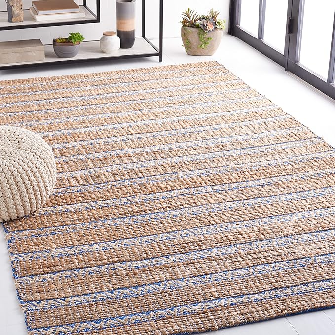 SAFAVIEH Natural Fiber Collection Accent Rug - 3' x 5', Blue & Natural, Handmade Flat Weave Stripe Jute & Cotton Jute, Ideal for High Traffic Areas in Entryway, Living Room, Bedroom (NFB655M)