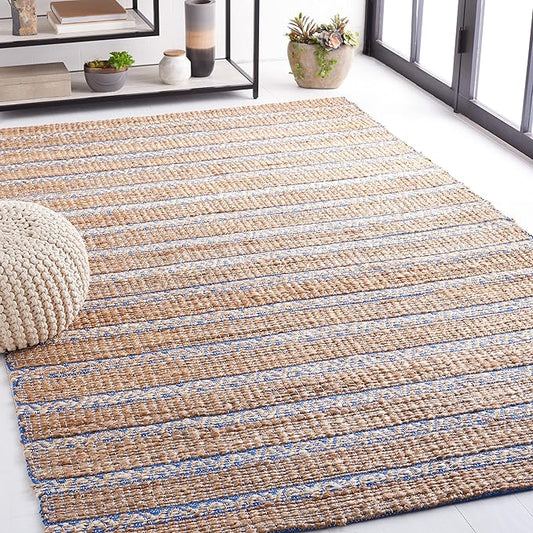 SAFAVIEH Natural Fiber Collection Accent Rug - 3' x 5', Blue & Natural, Handmade Flat Weave Stripe Jute & Cotton Jute, Ideal for High Traffic Areas in Entryway, Living Room, Bedroom (NFB655M)