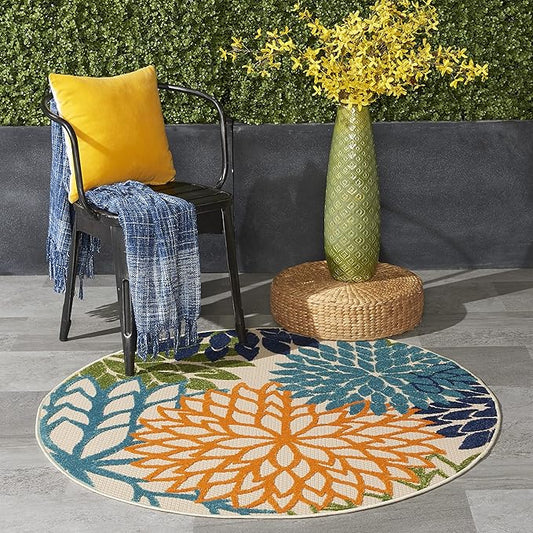 Nourison Aloha Indoor/Outdoor Multicolor 5'3'' x Round Area--Rug, Tropical, Botanical, Easy--Cleaning, Non Shedding, Bed Room, Living Room, Dining Room, Deck, Backyard, Patio (5 Round)