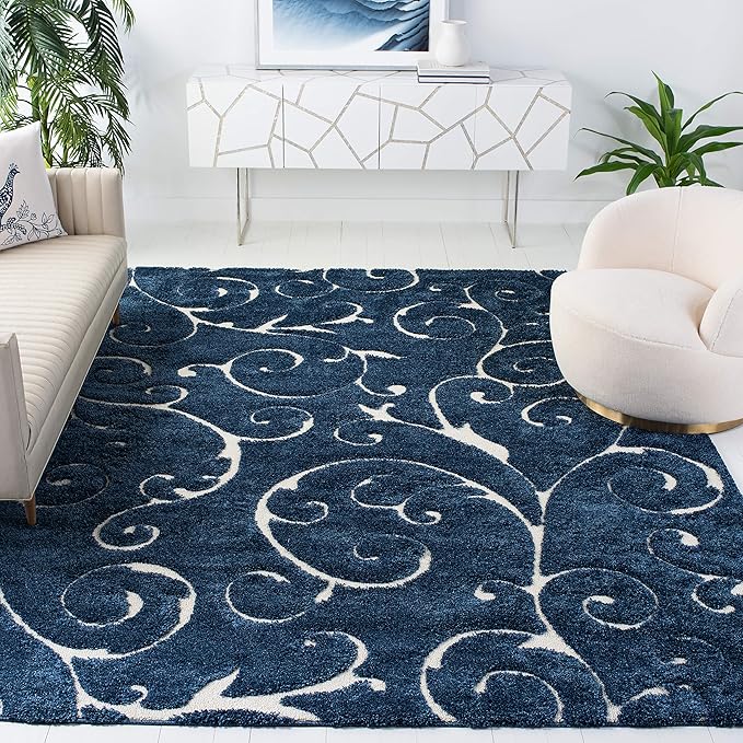 SAFAVIEH Area Rug 8x10 - Florida Shag Collection - Large - Dark Blue & Cream, Scroll Design, Non-Shedding & Easy Cleaning, Plush Thick Pile, Ideal for Living Room, Bedroom, Dining Space (SG455-6511)