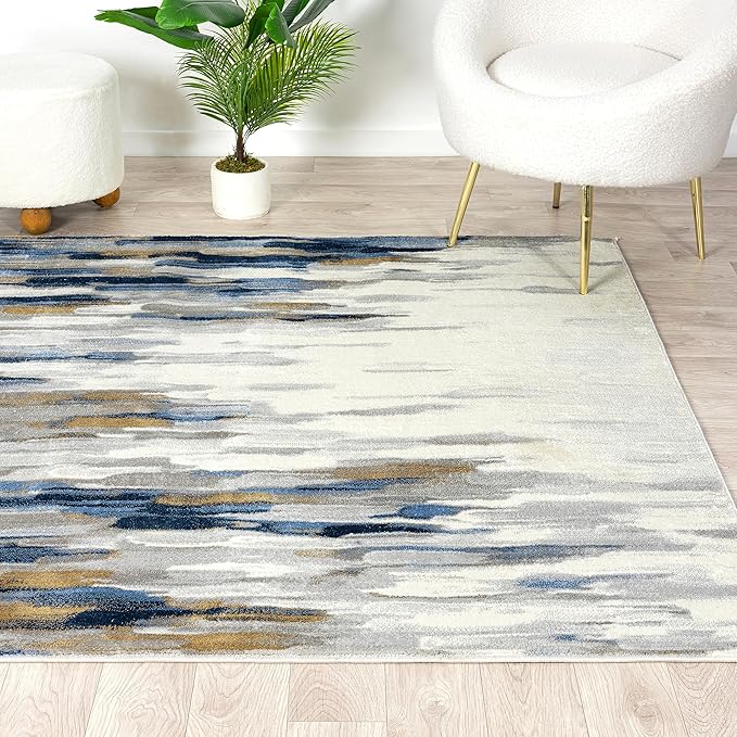 Abani Porto Collection Area Rug -Grey/Blue Abstract Design -4' x 6' - Easy to Clean - Durable for Kids and Pets - Non-Shedding - Medium Pile - Soft Feel - for Living Room, Bedroom & Office