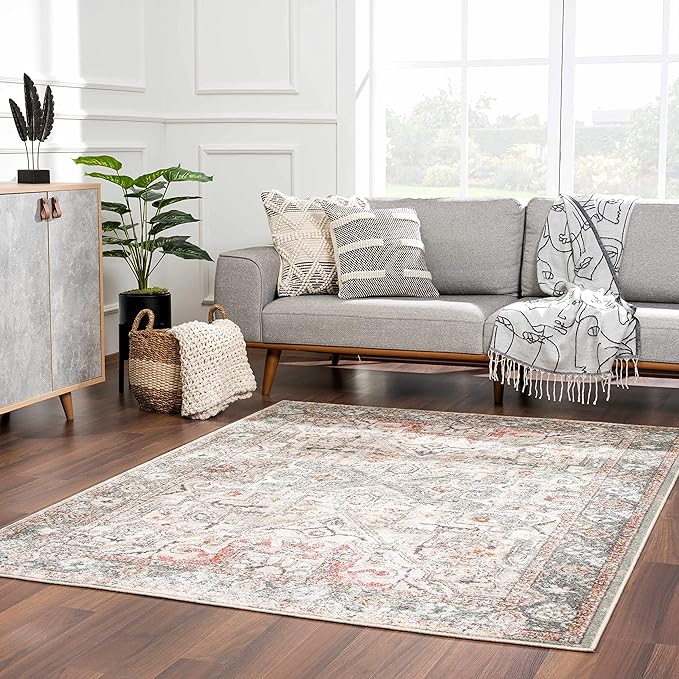 Bolinas Traditional Oriental Living Room Area Rug - Bohemian Vintage Look - Boho Style - Contemporary Abstract Carpet - Multicolor, Beige, Red, Green - 7'10" x 10'3"