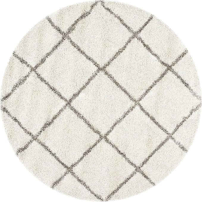 SAFAVIEH Hudson Shag Collection 8' Round Ivory/Grey SGH281A Modern Diamond Trellis Non-Shedding Living Room Bedroom Dining Room Entryway Plush 2-inch Thick Area Rug