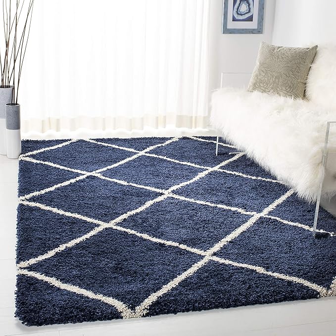 SAFAVIEH Area Rug 8x10 - Hudson Shag Collection - Large - Navy & Ivory, Trellis Pattern, Non-Shedding & Easy Cleaning, Ultra Plush Thick Pile, Ideal for Living Room, Bedroom, Dining Space (SGH281C)
