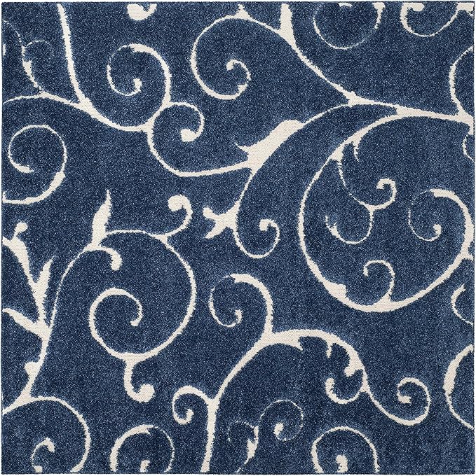 SAFAVIEH Florida Shag Collection Area Rug - 8' Square, Dark Blue & Cream, Scroll Design, Non-Shedding & Easy Care, 1.2-inch Thick Ideal for High Traffic Areas in Living Room, Bedroom (SG455-6511)