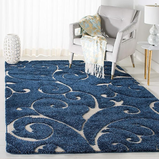 SAFAVIEH Florida Shag Collection Area Rug - 5'3" x 7'6", Dark Blue & Cream, Scroll Design, Non-Shedding & Easy Care, 1.2-inch Thick Ideal for High Traffic Areas in Living Room, Bedroom (SG455-6511)
