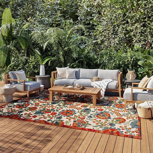 Nourison Home Aloha Indoor/Outdoor Red Multicolor 9' x 12' Area Rug, Easy Cleaning, Non Shedding, Bed Room, Living Room, Dining Room, Backyard, Deck, Patio (9x12)