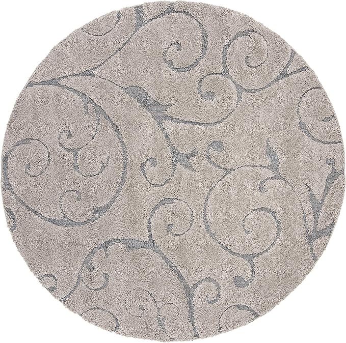 SAFAVIEH Florida Shag Collection 4' Round Grey/Light Blue SG455 Scrolling Vine Graceful Swirl Textured Non-Shedding Living Room Bedroom Dining Room Entryway Plush 1.2-inch Thick Area Rug