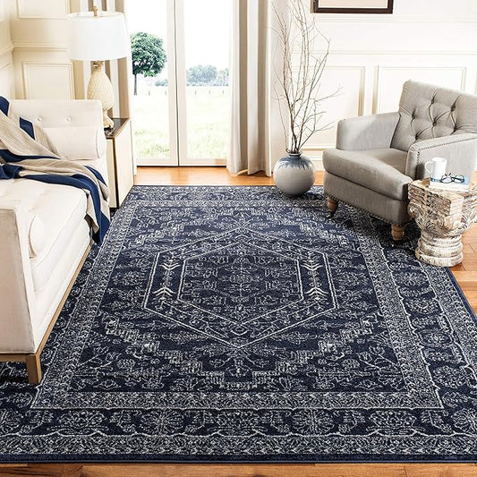 SAFAVIEH Adirondack Collection Area Rug - 6' Square, Navy & Ivory, Oriental Medallion Design, Non-Shedding & Easy Care, Ideal for High Traffic Areas in Living Room, Bedroom (ADR108N)