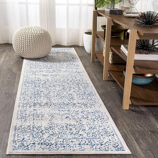 JONATHAN Y Bohemian Ferro Filigree Cream/Blue Runner Rug, 2x8, Vintage, Casual, Transitional, Easy-Cleaning for Living Room, Bedroom, Kitchen, Pet Friendly, Non-Shedding (BMF108A-28)