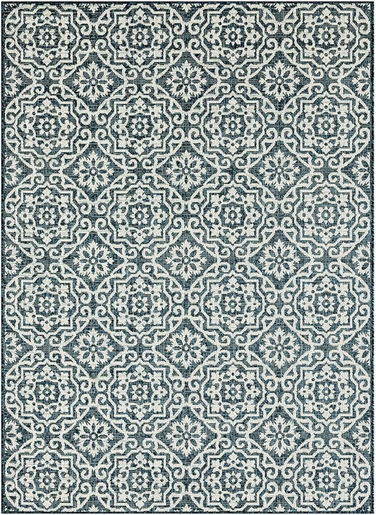 Nicole Miller New York Patio Country Julia Transitional Geometric Indoor/Outdoor Area Rug, Blue/White, 5'2"x7'2"