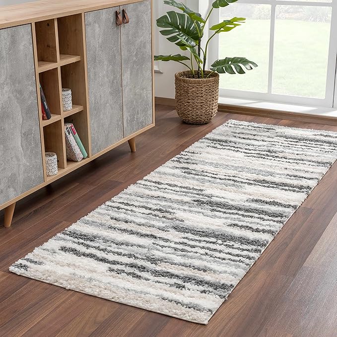 Hauteloom Lux Shag - Moroccan Farmhouse Living Room Shaggy Area Rug - Bohemian Shag Rug - Plush High Pile - Southwestern Boho Soft Carpet - Tribal Aztec - Grey, Off White, Beige - 5'3" x 7'3"
