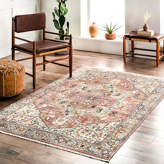 nuLOOM Harriet Vintage Medallion Fringe Area Rug - 5 Square Area Rug Traditional Orange/Multicolor Rugs for Living Room Bedroom Dining Room Kitchen