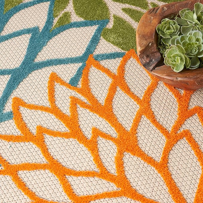 Nourison Home Aloha Indoor/Outdoor Multicolor 5'3" x 5'3"Square Area Rug, Tropical, Botanical, Easy Cleaning, Non Shedding, Bed Room, Living Room, Dining Room, Deck, Backyard, Patio (5 Square)