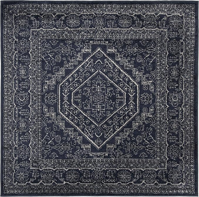 SAFAVIEH Adirondack Collection Area Rug - 6' Square, Navy & Ivory, Oriental Medallion Design, Non-Shedding & Easy Care, Ideal for High Traffic Areas in Living Room, Bedroom (ADR108N)