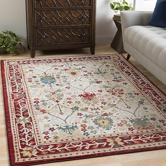 Hauteloom Goff Boho Floral Living Room Bedroom Multicolor Area Rug - Floral - Bohemian Vintage Look - Oriental Turkish Pattern - White, Beige, Yellow, Red - 5'1" x 7'5"