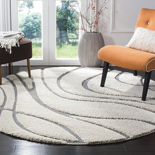 SAFAVIEH Florida Shag Collection 6'7" Round Cream/Grey SG471 Abstract Wave Non-Shedding Living Room Bedroom Dining Room Entryway Plush 1.2-inch Thick Area Rug