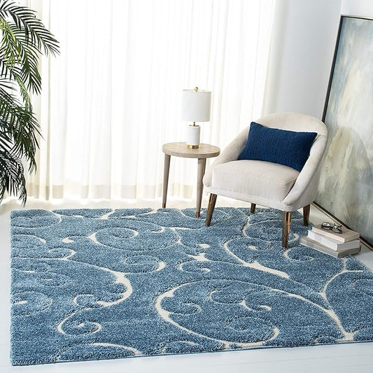 SAFAVIEH Florida Shag Collection Area Rug - 9' Square, Light Blue & Cream, Scroll Design, Non-Shedding & Easy Care, 1.2-inch Thick Ideal for High Traffic Areas in Living Room, Bedroom (SG455-6011)