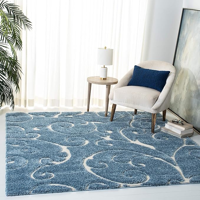 SAFAVIEH Florida Shag Collection Area Rug - 4' Square, Light Blue & Cream, Scroll Design, Non-Shedding & Easy Care, 1.2-inch Thick Ideal for High Traffic Areas in Living Room, Bedroom (SG455-6011)