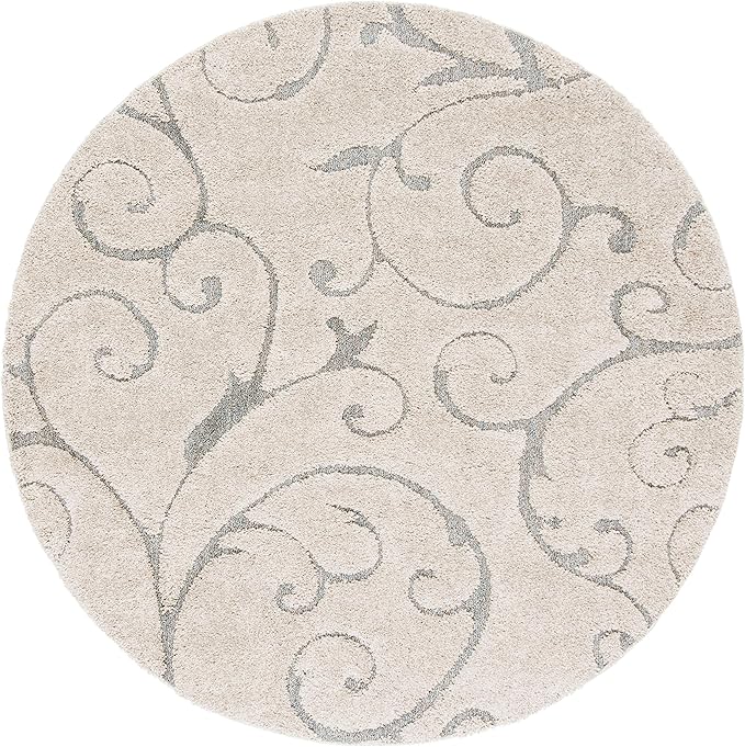 SAFAVIEH Florida Shag Collection Area Rug - 9' Round, Beige & Blue Grey, Scroll Design, Non-Shedding & Easy Care, 1.2-inch Thick Ideal for High Traffic Areas in Living Room, Bedroom (SG455-1155)